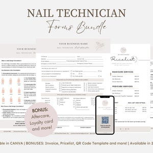 Puede incluir: Un conjunto de formularios imprimibles para técnicos de uñas, que incluyen un formulario de admisión de clientes, una lista de precios y una tarjeta de fidelización. Los formularios están diseñados en un estilo minimalista con un esquema de color marrón y blanco. El texto "Nail Technician Forms Bundle" se muestra en la parte superior de la imagen.