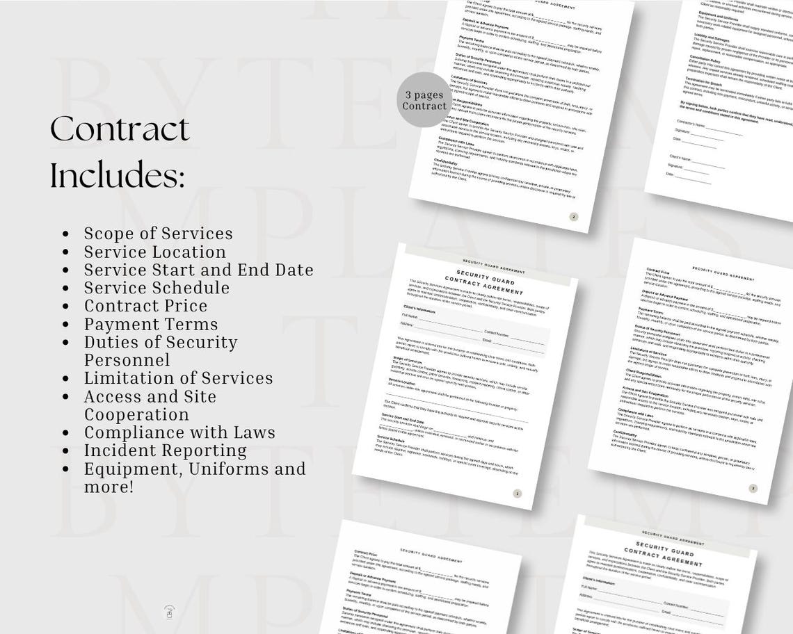 Printable Security Guard Contract Template PDF & CANVA - Customizable ...
