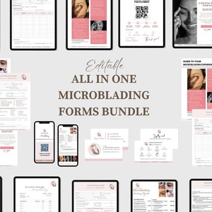 May include: A digital product bundle for microblading businesses. The bundle includes forms, guides, and templates for client intake, consent, and aftercare. The text "Editable All in One Microblading Forms Bundle" is displayed in a pink and white colour scheme.