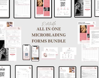 May include: A digital product bundle for microblading businesses. The bundle includes forms, guides, and templates for client intake, consent, and aftercare. The text "Editable All in One Microblading Forms Bundle" is displayed in a pink and white color scheme.