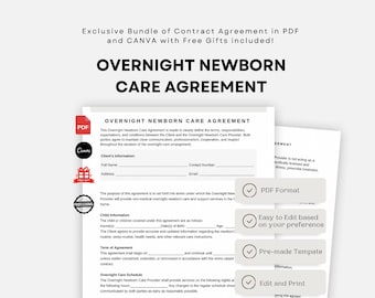 Overnight Newborn Care Agreement Template - Baby Night Nurse Contract - Editable Infant Caregiver Contract - Nighttime Nanny Agreement Form
