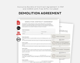 Comprehensive Demolition Contract Template | Demolition Agreement | Editable PDF and Canva | 20 Detailed Clauses | Instant Download