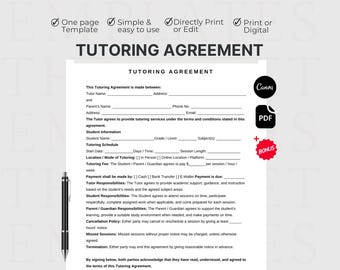 One Page Tutoring Agreement, Editable Tutoring Terms Contract Template Canva, Printable Summer Tutor, Teaching Contract, Coaching Contract