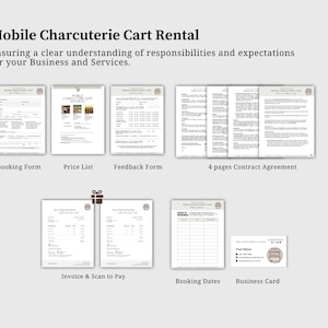 May include: A set of printable forms for a mobile charcuterie cart rental business. The forms include a booking form, price list, feedback form, contract agreement, invoice, booking dates, and a business card.