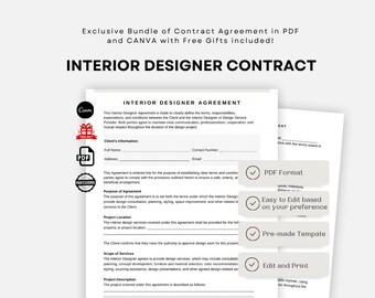 Interior Designer Contract/Agreement, Freelance Interior Designing Client Proposal Presentation, Intake Form, FF&E Schedule Template, CANVA