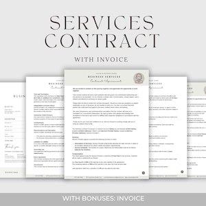 Pode incluir: Um conjunto de quatro documentos imprimíveis para um contrato de serviços comerciais e uma fatura. Os documentos estão em um estilo minimalista com um esquema de cores marrom e branco. O texto inclui as palavras "Contrato de serviços" e "Fatura".