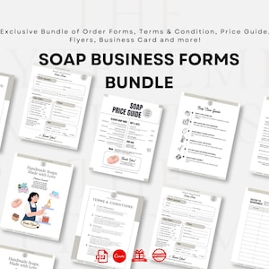 Könnte beinhalten: Ein Bündel von Formularen für das Seifengeschäft, darunter Bestellformulare, eine Preisliste, Geschäftsbedingungen, Flyer und eine Visitenkarte. Die Formulare sind weiß mit schwarzem Text und Illustrationen.