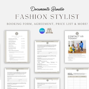Puede incluir: Un conjunto de documentos imprimibles para estilistas de moda, que incluye un formulario de reserva, un acuerdo, una lista de precios y información de contacto. Los documentos están diseñados en un estilo moderno y minimalista con un esquema de color gris y blanco.