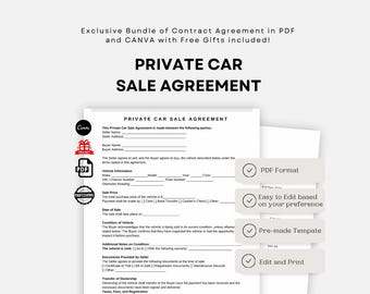 One Page Private Car Sale Contract, Editable Vehicle Bill of Sale Agreement Template, Printable Auto Title Transfer, Legal Used Car Purchase