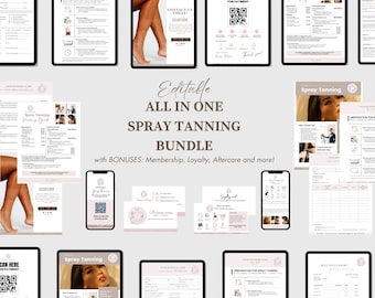 Op de afbeelding: Een digitale marketingbundel voor spray tanning bedrijven. De bundel bevat sjablonen voor prijzen, klantintakeformulieren, voorbereiding op spray tanning, nazorg en meer. De bundel bevat ook bonussen zoals lidmaatschap, loyaliteit en nazorg informatie. De tekst "Editable All in One Spray Tanning Bundle" wordt weergegeven in bruine tekst op een roze achtergrond.