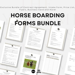 Modello di contratto di pensione per cavalli, contratto di servizio di affitto di scuderie, moduli aziendali di servizi per centri equestri, modello Canva, PDF modificabile
