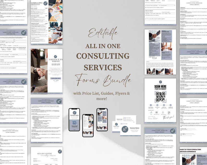 May include: Editable consulting services forms bundle with price list, guides, flyers, and more. The bundle includes a variety of forms, including a contact us form, a scan here for payment form, and a guide to your consulting services experience. The forms are designed to help you streamline your business and provide a professional experience for your clients.