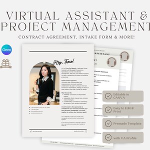May include: A light gray and white printable template for a virtual assistant business. The template includes a contract agreement, intake form, and a VA profile. The template is editable in Canva and easy to print. The text on the template reads "Virtual Assistant & Project Management Contract Agreement, Intake Form & More!"