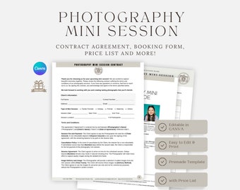 以下が含まれることがあります： 写真ミニセッションの契約書、予約フォーム、価格表のためのCanvaテンプレートです。テンプレートは編集可能で、簡単に印刷できます。Canvaで編集可能、簡単に編集して印刷可能、事前作成されたテンプレート、価格表付きなど、機能のチェックリストが含まれています。