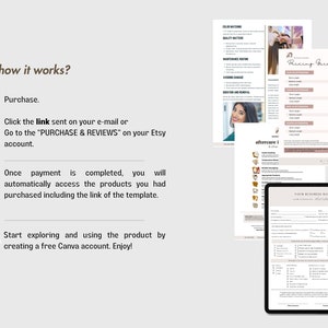 May include: A how-to guide for purchasing and using a hair extension template. The guide includes instructions on how to purchase the template, access the download, and use the template in Canva. The guide also includes a pricing guide for hair extensions.