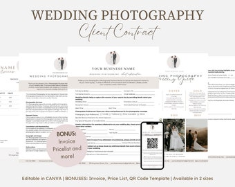 以下が含まれることがあります： QRコード付きの結婚式の写真撮影契約書テンプレートと価格表。契約書には、お客様の氏名、結婚式の日付、写真撮影の希望などを記入する欄があります。価格表には、シルバーパッケージとゴールドパッケージのオプションがあります。
