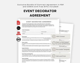 Event Decorating Services Contract Template, Editable Event Planner Contract Template, event planning forms, event decor contract- canva