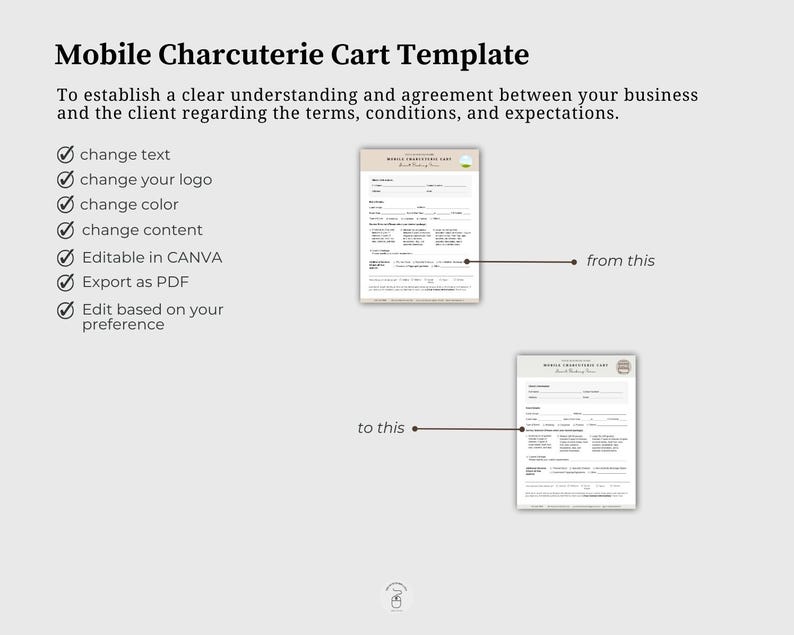 May include: A template for a mobile charcuterie cart business. The template is editable in Canva and can be exported as a PDF. The template includes sections for business information, pricing, and terms and conditions.