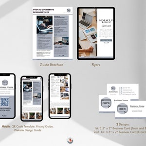 May include: A mockup of a website design guide, a flyer, a mobile phone with a QR code, and two business cards. The guide brochure is titled "Guide to Our Website Design Services". The flyer is titled "Contact Us Today!" The mobile phone screen displays a QR code with the text "Scan to see the pricing guide". The business cards are both 3.5 inches by 2 inches and feature a stylized icon of a computer screen with a cursor.