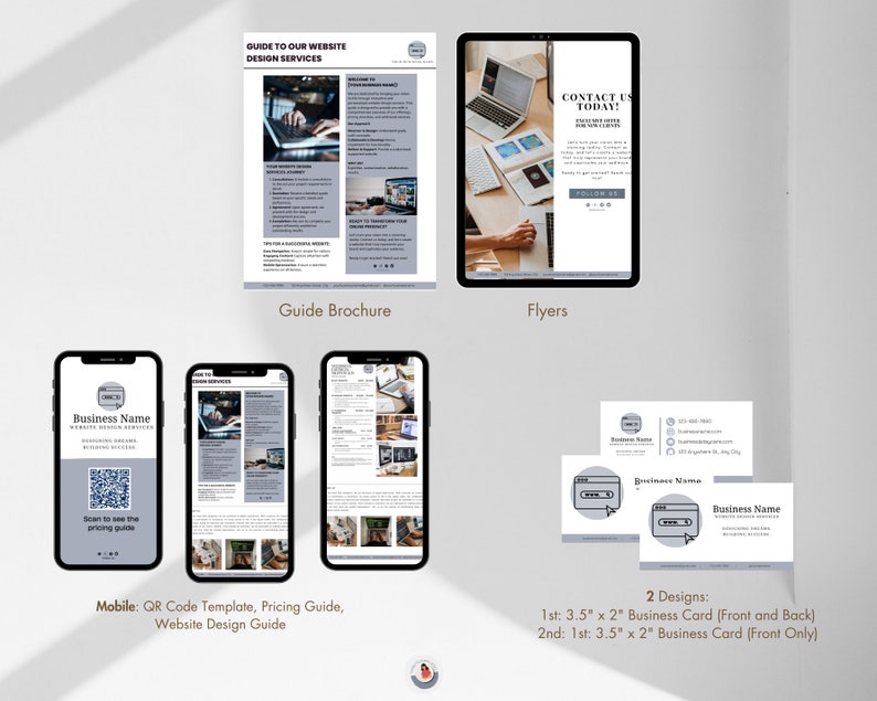 May include: A mockup of a website design guide, a flyer, a mobile phone with a QR code, and two business cards. The guide brochure is titled "Guide to Our Website Design Services". The flyer is titled "Contact Us Today!" The mobile phone screen displays a QR code with the text "Scan to see the pricing guide". The business cards are both 3.5 inches by 2 inches and feature a stylized icon of a computer screen with a cursor.