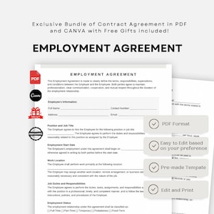 May include: A digital employment agreement template bundle in PDF and Canva formats. The document includes sections for employee information, job title, start date, work location, and duties. Features include PDF format, editability, and printability.