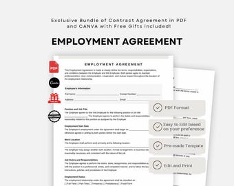 Employment Contract Agreement. Employment Service Contract Templates. Printable HR Employer Employee Form Template. Instant Download