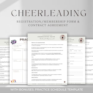 May include: A printable cheerleading registration and membership form and contract agreement. The form includes sections for personal information, dates, times, and locations. The document is titled "Cheerleading Squad Contract Agreement".