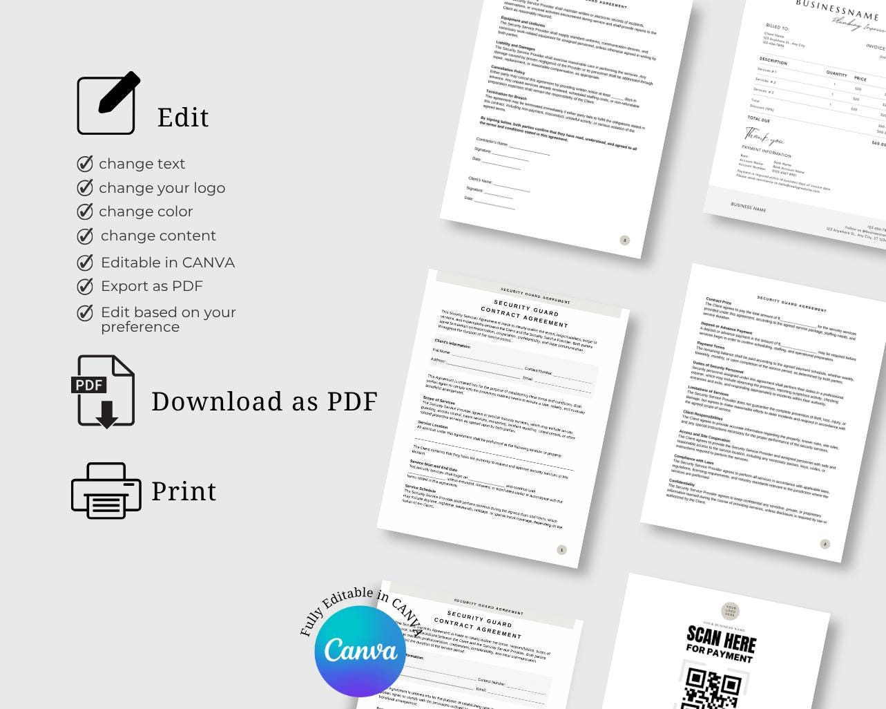 Printable Security Guard Contract Template PDF & CANVA - Customizable ...
