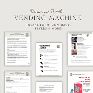May include: A collection of documents for vending machine services. The documents include an intake form, contract, operations manual, and flyers. The flyers advertise a variety of products available at your fingertips.