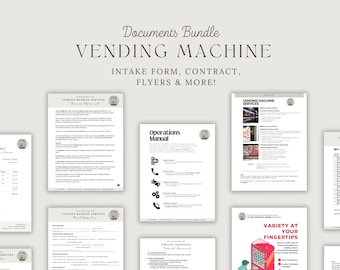 May include: A collection of documents for vending machine services. The documents include an intake form, contract, operations manual, and flyers. The flyers advertise a variety of products available at your fingertips.