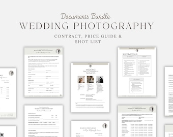 以下が含まれることがあります： 結婚式の写真撮影のための書類一式。契約書、料金表、撮影リストが含まれています。書類は薄いグレーの背景に置かれています。