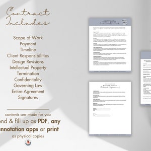 May include: A contract agreement for website design services. The contract includes sections for scope of work, payment, timeline, client responsibilities, design revisions, intellectual property, termination, confidentiality, governing law, entire agreement, and signatures. The text "contents are made for you send & fill up as PDF, any annotation apps or print as physical copies" is included at the bottom of the page.