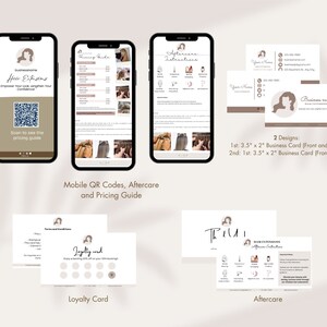 May include: A set of marketing materials for a hair extensions business. The set includes a mobile phone screen with a QR code, a pricing guide, aftercare instructions, a loyalty card, and two business card designs. The business card designs are 3.5 inches by 2 inches.