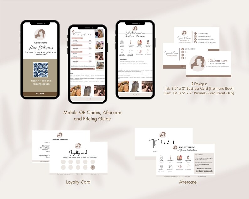 May include: A set of marketing materials for a hair extensions business. The set includes a mobile phone screen with a QR code, a pricing guide, aftercare instructions, a loyalty card, and two business card designs. The business card designs are 3.5 inches by 2 inches.