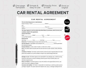 One Page Car Rental Agreement Template, Editable Car Rental Contract, Printable Vehicle Lease Form, Vehicle Rental Agreement, Canva Digital