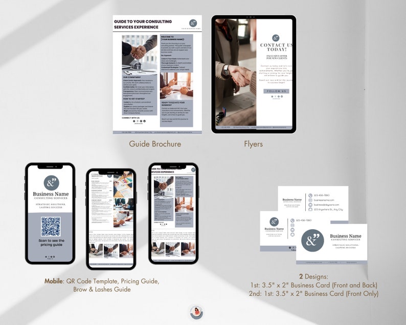May include: A digital marketing kit for a business called "&" Business Name. The kit includes a guide brochure, flyers, a mobile phone screen with a QR code, and two business card designs. The guide brochure is titled "Guide to Your Consulting Services Experience". The flyers say "Contact Us Today!" The mobile phone screen says "Scan to see the pricing guide". The business cards have the business name and contact information.