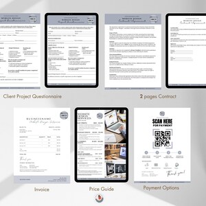 May include: A set of documents for a website design business. The documents include a client project questionnaire, a contract, an invoice, a price guide, and payment options. The documents are in a modern, minimalist style with a gray and white color scheme.