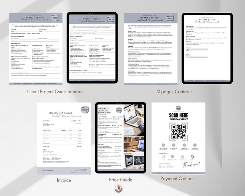 May include: A set of documents for a website design business. The documents include a client project questionnaire, a contract, an invoice, a price guide, and payment options. The documents are in a modern, minimalist style with a gray and white color scheme.