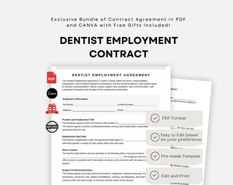 Dentist Employment Contract | Dental Practice Agreement | Printable Dentist Job Contract | Editable Dental Employment Form PDF & Canva