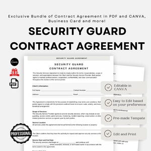 May include: A white document titled "SECURITY GUARD CONTRACT AGREEMENT" with text and icons. The document includes sections for client information and service details. Features include editability in Canva, easy editing, pre-made template, and print options.