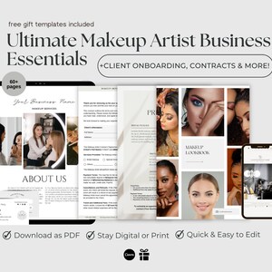 Puede incluir: Un kit de marketing digital para maquilladores con más de 60 páginas de plantillas, formularios de incorporación de clientes, contratos y mucho más. El kit incluye un libro de looks de maquillaje, una plantilla de tarjeta de visita y un ejemplo de formulario de admisión de clientes. El kit está disponible para descargar en PDF y se puede editar digitalmente o imprimir.