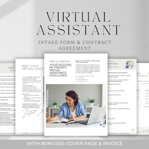 Könnte beinhalten: Ein weißes Dokument mit dem Titel "Virtual Assistant Intake Form & Contract Agreement" und dem Text "Your Success, My Priority: Virtual Assistance Excellence." Das Dokument ist auf einem Laptop-Computer geöffnet und eine Frau schreibt auf ein Blatt Papier.