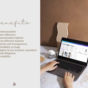 May include: A laptop computer with a bright purple and white interface showing a document with text and images. The laptop is on a white marble surface with a person's hands typing on the keyboard. The text on the left side of the image reads "benefits:" followed by a list of benefits.