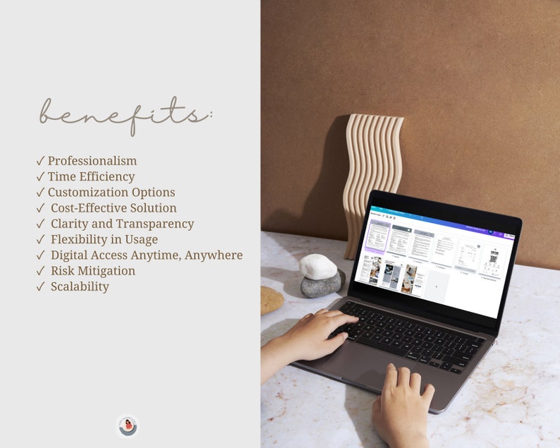 May include: A laptop computer with a bright purple and white interface showing a document with text and images. The laptop is on a white marble surface with a person's hands typing on the keyboard. The text on the left side of the image reads "benefits:" followed by a list of benefits.