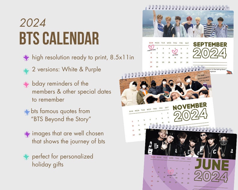 BTS 2024 Calendar Printable Kpop Instant Download PDF Etsy Australia
