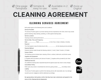 Simple Cleaning Service Agreement, One Page Cleaning Business Form, Printable & Editable Cleaning Service Contract, Housekeeper contract