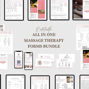 May include: A digital product bundle for massage therapists. The bundle includes editable forms for client intake, consent, and other massage therapy related documents. The forms are designed in a modern, minimalist style with pink and brown accents.