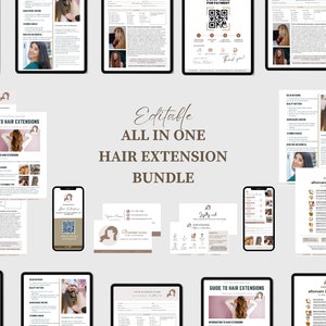 May include: A digital product bundle for hair extensions. The bundle includes a guide to hair extensions, aftercare instructions, and a client intake form. The bundle is editable and includes a business card template.