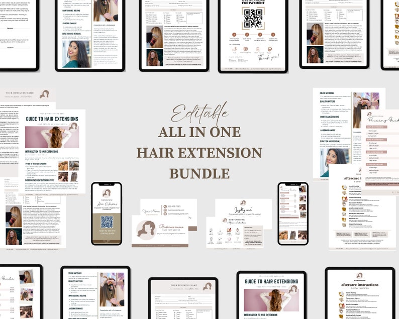 May include: A digital product bundle for hair extensions. The bundle includes a guide to hair extensions, aftercare instructions, and a client intake form. The bundle is editable and includes a business card template.