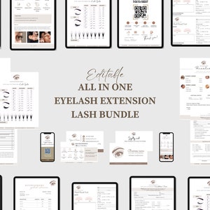 May include: A digital marketing kit for eyelash extension businesses. The kit includes a price list, client intake form, lash guide, business card, and social media templates. The text "Editable ALL IN ONE EYELASH EXTENSION LASH BUNDLE" is displayed in the center of the image.